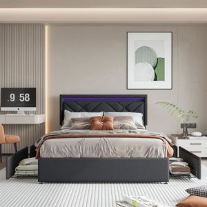 Lit 140x200cm, lit double capitonné en lin avec 4 tiroirs, sommier à lattes en bois et tête de lit LED réglable, gris