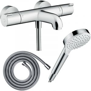 Hansgrohe Pack mitigeur bain thermostatique Ecostat 1001CL + Flexible Metaflex + Pommeau Vernis Blend 100 EcoSmart 1jet chromé