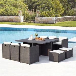 Concept-Usine Sunset 10 : salon de jardin encastrable 10 places en r&eacute;sine tress&eacute;e et aluminium gris/blanc