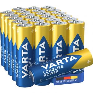Varta Piles AA, lot de 24, Longlife Power, Alcalines, 1,5V, Cube, emballage recyclé à 90%, adaptées aux jouets, souris sans fil, lampes de poche, Made in Germany
