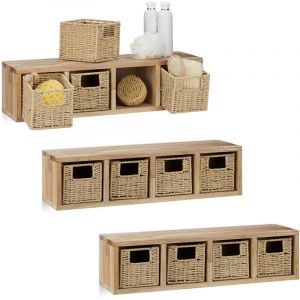 Relaxdays 3x Etageres cube rangement, 12 paniers amovibles, corbeille bois noyer couloir chambre cuisine montage mural, nature