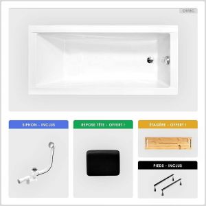 Baignoire rectangulaire - 120 x 70 cm - sans Habillage - avec Pieds - Repose-tête - Étagère bambou - Vidage Chrome - MODERN