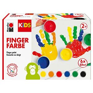 Marabu KiDS 0303000050800 – Lot de 6 peintures au doigt avec 6 couleurs vives de 35 ml, sans paraben, végétalien, sans lactose, sans gluten