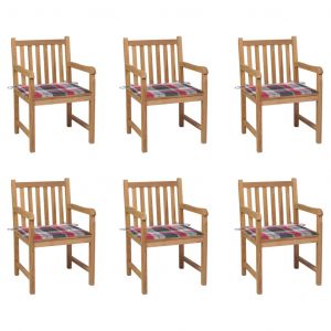 VidaXL Chaises de jardin 6 pcs et coussins carreaux rouge Bois de teck