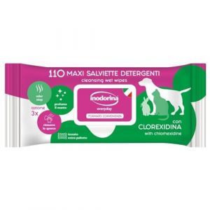 Inodorina Lingettes Quotidiennes pour Chiens et Chats (110 pcs, Chlorhexidine) - Lingettes pour Animaux de Compagnie en Tissu r&eacute;sistant avec Odour Stop - Action adoucissante et protectrice