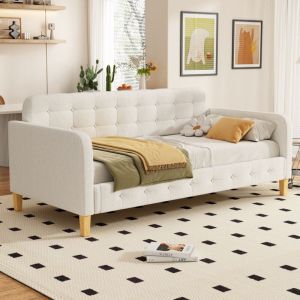 Lit banquette capitonné 90x200 cm - tissu en lin - Beige