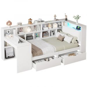 Lit enfant 90x200cm - avec 2 tiroirs et station de charge - avec lumi&egrave;res LED color&eacute;es - blanc (sans matelas)