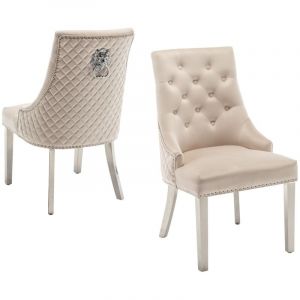 Lot de 2 chaises lion mattelassée et cloûtée chrome velours Beige