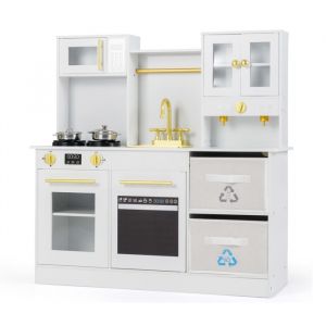 COSTWAY Cuisine Enfant 3Ans + en Bois 90 x 30 x 90 cm avec Lumières & Sons, Micro-ondes, Four, Panier de Rangement Blanc
