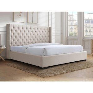 Lit 200 x 200 cm avec tête de lit capitonnée - Tissu - Beige - MASSIMO