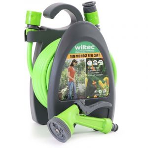 wiltec Mini Dévidoir de tuyau pp Orange Tuyau 10 m en pvc 2 Connecteurs 3/8' Robinet 1/2' et 3/4' Buse réglable Enrouleur de tuyau Arrosage Jardin