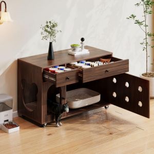 Buffet mobile 100x45x66 cm - 2 portes+2 tiroirs - Niche pour chat - Plateau clapant anti-sable amovible - Marron