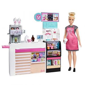 Image de Mattel Métiers Coffret Pause Café avec poupée blonde, comptoir et plus de 20 accessoires inclus, jouet pour enfant, GMW03