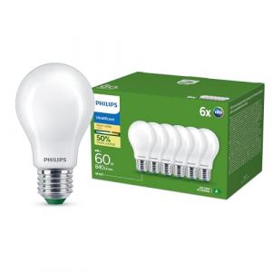 Philips Ampoule LED ultra efficace, classe d'efficacité énergétique A, avec douille E27, 60W, mat, blanc chaud 2700K, 6 packs