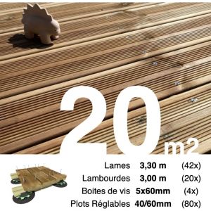 Kit complet terrasse Pin autoclave Marron pour 20 m², Lames 3,3 m, lambourdes 4,2 m, plots réglables et visserie Inox.