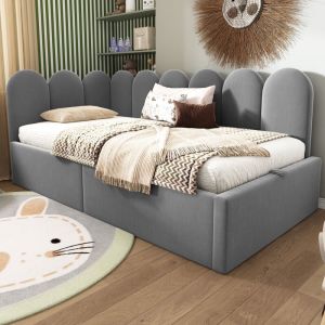 Image de Lit banquette avec rangement 90x200 cm - Tissu en velours - Avec sommier &agrave; lattes - Gris (sans matelas)