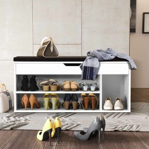 Meuble à Chaussures Banc de Rangement Meuble de Banc d'Entrée avec Coussin Rembourré en Bois avec Siège 104x30x48 CM Blanc