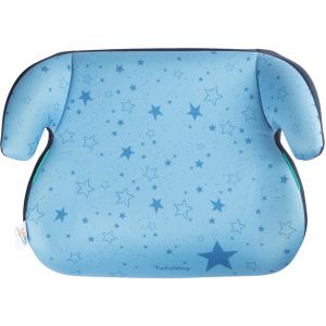 Siège de voiture Tataway i-Size ECE R129/03 avec dossier. Élévateur de sécurité pour enfants d'une hauteur de 125 à 150 cm. Rise avec des motifs d'étoiles, siège pour enfant sur fond bleu.