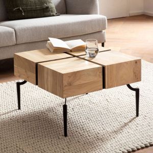 M&S Table basse carrée 60x60x40 cm en acacia naturel et fer noir