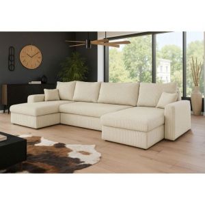 Meublesline Canapé dangle panoramique convertible HELLIA U en velours côtelé beige