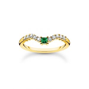 Thomas Sabo Bague pierre verte avec pierres blanches or Argent sterling 925, doré or jaune 18 carats Jaune - Couleur Jaune - Taille M