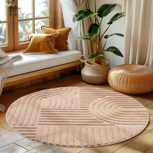Homebyhome Tapis de Salon ou chambre en Rose 120 cm Rond style bohème scandinave avec effet haut-bas tapis décoratif