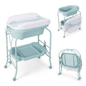 Costway Table À Langer Bébé-Baignoire 20l 4 En 1 Pliante 4 Roues,Tuyau 1m,Plateau De Rangement Coussin Pvc Imperméable 35kg Bleu