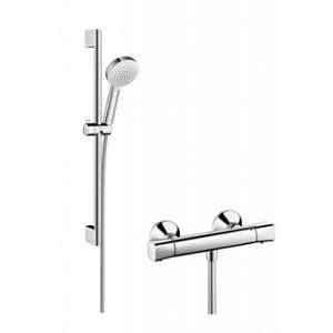 Image de Hansgrohe Crometta 100 Set de douche avec Ecostat Univesal robinet de douche thermostatique avec barre de douche 65cm et Crometta 100 Vario douchette à main blanc/chrome 27030400