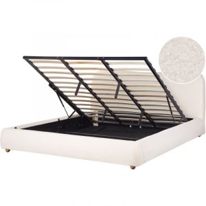 Beliani Lit Double Minimaliste avec Rangement Sous le Sommier 180 x 200 cm Blanc Cass&eacute; Boucl&eacute; Blagnac