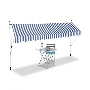 Image de Relaxdays Auvent rétractable 350 cm Store balcon marquise soleil terrasse hauteur réglable sans perçage, bleu-blanc