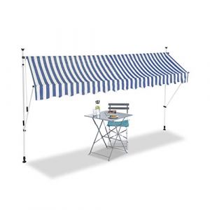 Relaxdays Auvent rétractable 350 cm Store balcon marquise soleil terrasse hauteur réglable sans perçage, bleu-blanc