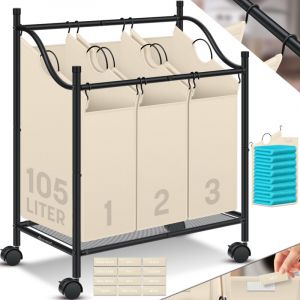 KESSER Panier à linge Collecteur de linge Trieur de linge avec poches amovibles en tissu Boîte à linge avec 12 indications de lavage Roulettes 360°
