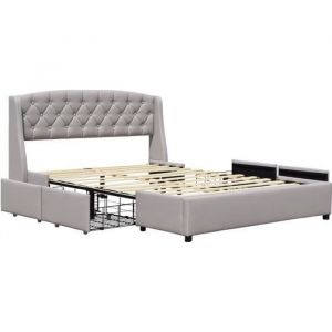 Iris Solide et Confortable Lit 160x200 avec Sommier avec 4 tiroirs+Tete de lit Couleur GRIS r