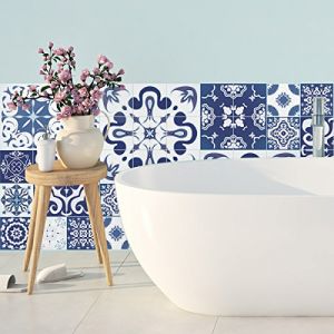Ambiance 30 Stickers adhésifs carrelages | Sticker Autocollant Carreaux de ciment - Mosaïque carrelage mural salle de bain et cuisine | Carreaux de ciment adhésif mural - azulejos - 15 x 15 cm - 30 pièces