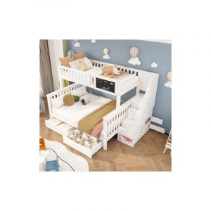 Lit superposé double 90x200+140x200 cm, lit enfant avec tableau noir et tiroirs, en bois massif, blanc, sans matelas
