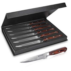 Navaris Lot 6X Couteau à Steak - Coffret Couteaux de Table à Dents avec Manche en Bois et Lame en INOX pour Viande - Boîte Cadeau Rangement Incluse