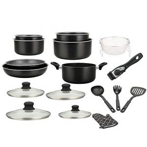 Batterie de cuisine - lot de casserole induction - set casserole et poele tous feux - set de cuisine de 17 éléments « spécial cuisson » avec casseroles et poêles revêtement marbre et poignée amovible
