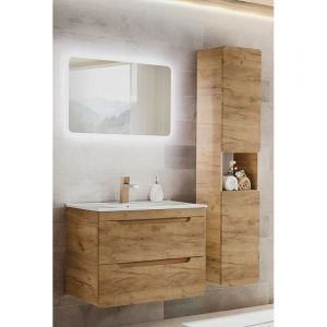 AC-D&eacute;co Ensembles salle de bain - Ensemble meuble vasque + Grande armoire + Miroir LED - 60 cm - Aruba Craft Beige