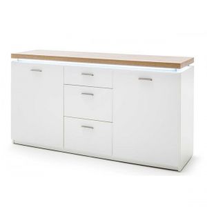 Image de Pegane Buffet, meuble de rangement coloris blanc avec plateau finition chêne wotan - Longueur 156 x Hauteur 83 x Profondeur 44