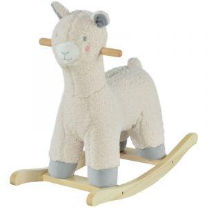 Image de Homcom Cheval à bascule modèle lama fonction vocale bois peuplier peluche douce crème 68x29x58cm Crème