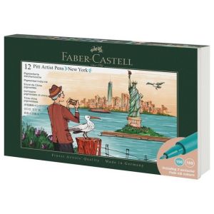 Faber-Castell 267135 - Coffret cadeau New York, 12 stylos à encre Pitt Artist Pen, épaisseurs de trait FM, S, B