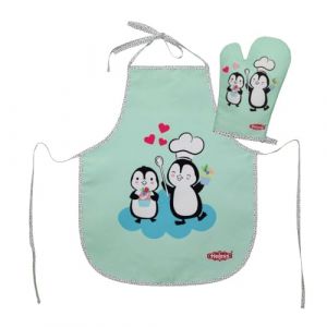 Heless 223 - Gant de Four et Tablier de Cuisine pour Enfants au Design Pingouin &agrave; Pois, Lavable, Accessoires pour Cuisiner et Faire de la p&acirc;tisserie