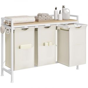 Panier à Linge 3 Compartiments Woltu Meuble Panier à Linge,avec Étagère, Sac à Linge en Tissu Oxford Amovible, Cadre en Métal, Blanc + Chêne Clair