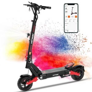 HITWAY Trottinette Électrique H10 - Pneus gonflables 10" - 1600W crête- APP - Batterie 48V 20.8Ah - Scooter Pliable - Noir&Rouge