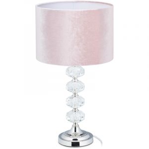 Relaxdays Lampe de chevet, velours et cristal, HxD : 47 x 26 cm, douille E14, table, éclairage indirect, chambre, rose