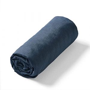 LNT France - Drap-Housse 100% Lin lavé - Linge de Maison - Ourlet élastique (Bleu nuit 90x190 cm)