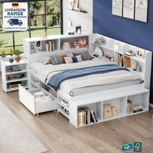 Modfu - Lit enfant avec tiroirs 140x200 cm, nombreux rangements, en bois, sans matelas, lit simple,Bois Certifié pefc - blanc