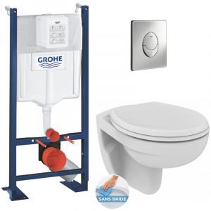 Grohe Pack WC Bâti autoportant avec Cuvette Porcher rimless + Abattant + Plaque chrome (ProjectPorcher-2)