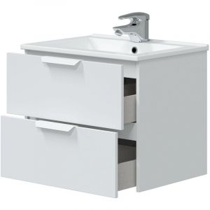 Pegane Meuble de salle de bain suspendu 60 cm avec 2 tiroirs coloris blanc sans miroir - Longueur 60 x Profondeur 45 x Hauteur 50 cm -