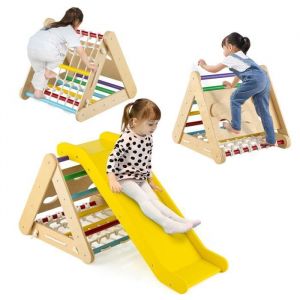 COSTWAY 4 en 1 Triangle d'escalade Enfant avec Toboggan, Echelle d'escalade en Bois avec Filet, Inclinaison Réglable, Intérieur Extérieur, Charge